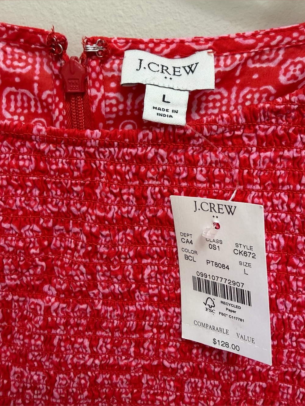 J. Crew NWT Smocked Boat Neck Midi Dress Pockets Sleeveless Red Print Size L NEW - Picture 9 of 10